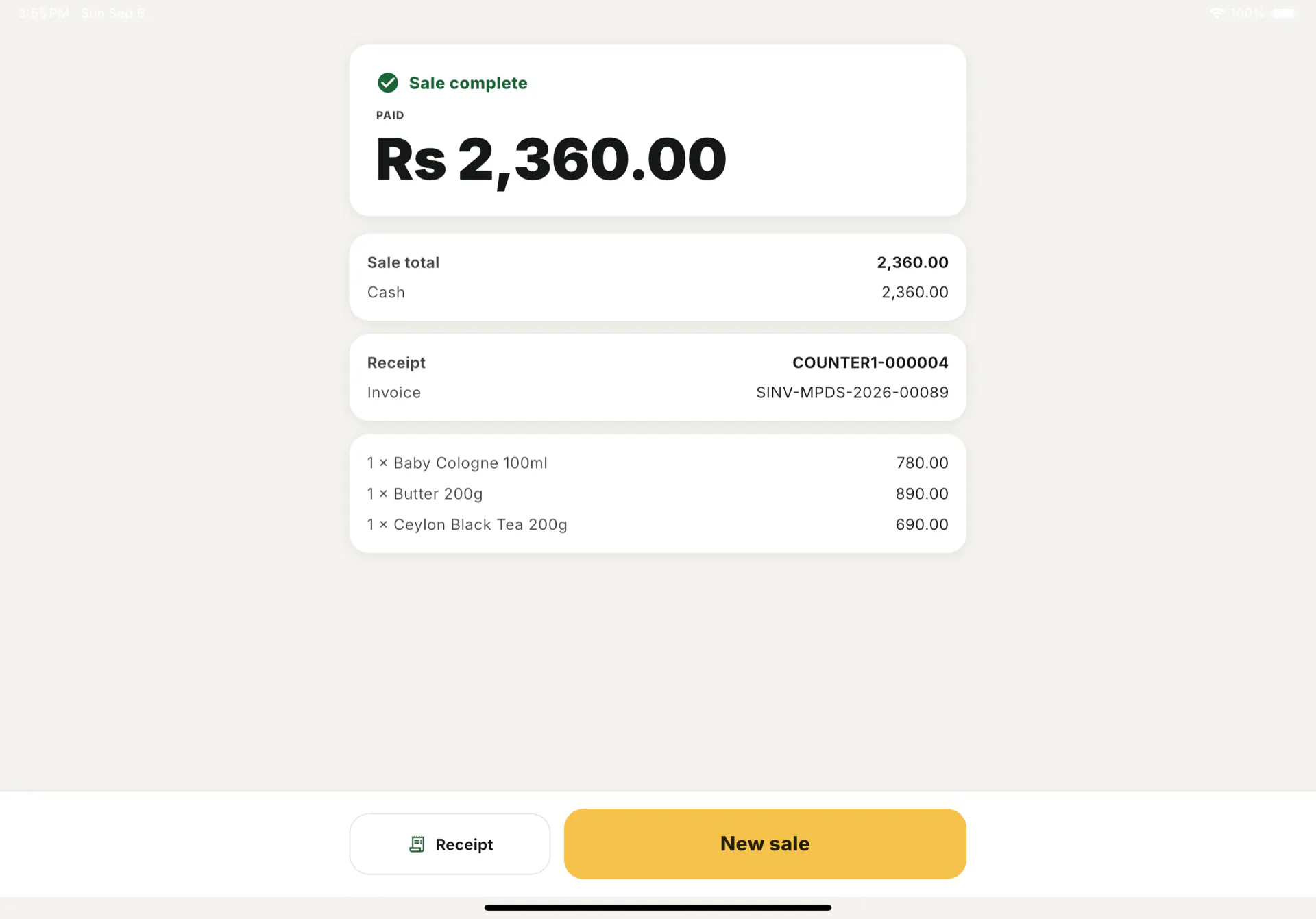 The Sale complete screen showing PAID Rs 2,360.00, receipt COUNTER1-000004 and invoice SINV-MPDS-2026-00089.