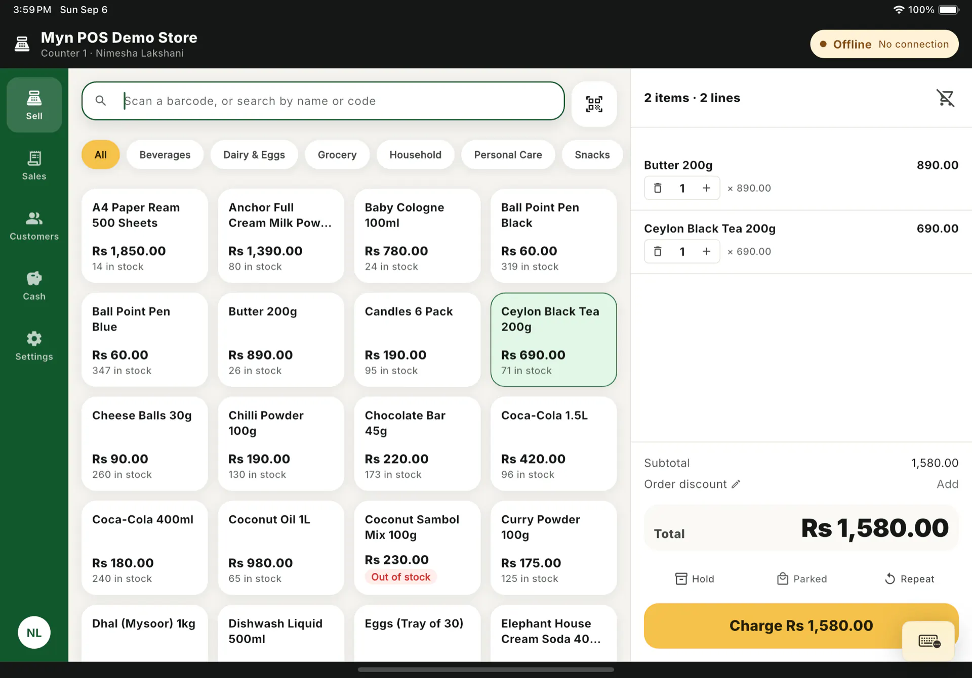 The Sell screen with an Offline, No connection badge in the header: the catalog is still listed, the cart totals Rs 1,580.00 and the Charge button is still active.