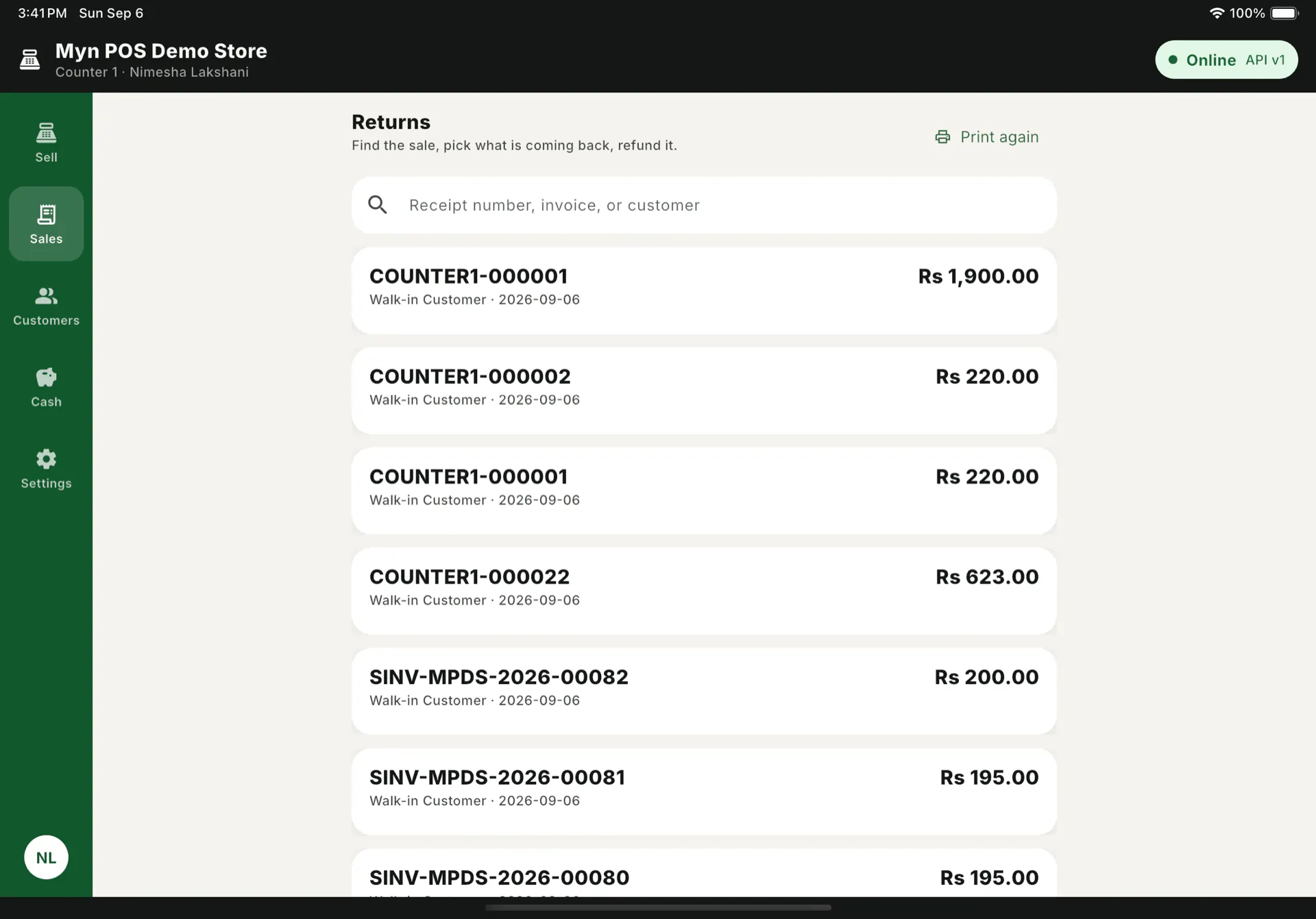 The Returns screen: a search box for receipt number, invoice or customer, and a list of past sales with their totals.