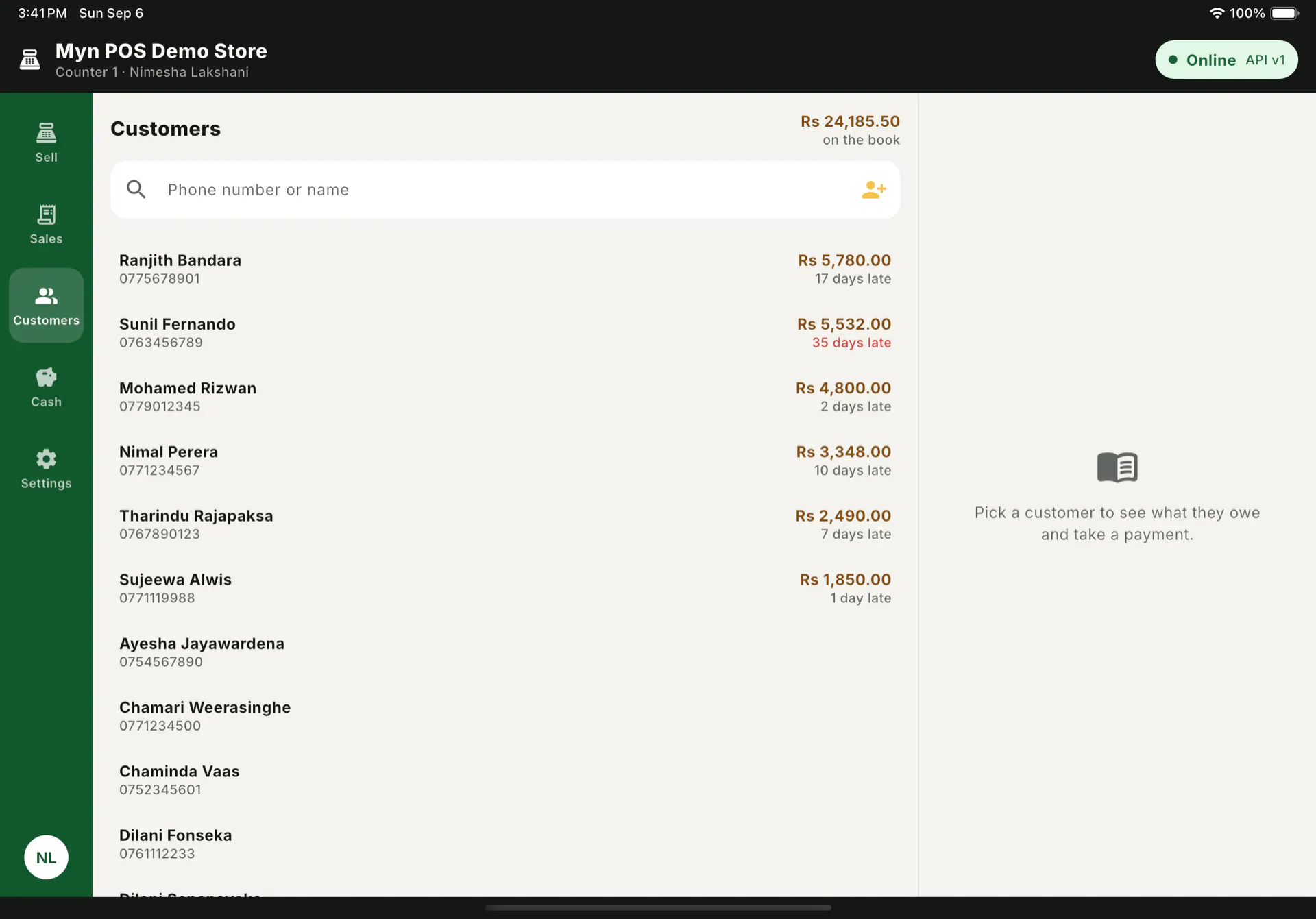 The Customers screen listing Rs 24,185.50 on the book, with customer names, mobile numbers, outstanding amounts and how many days late each one is.