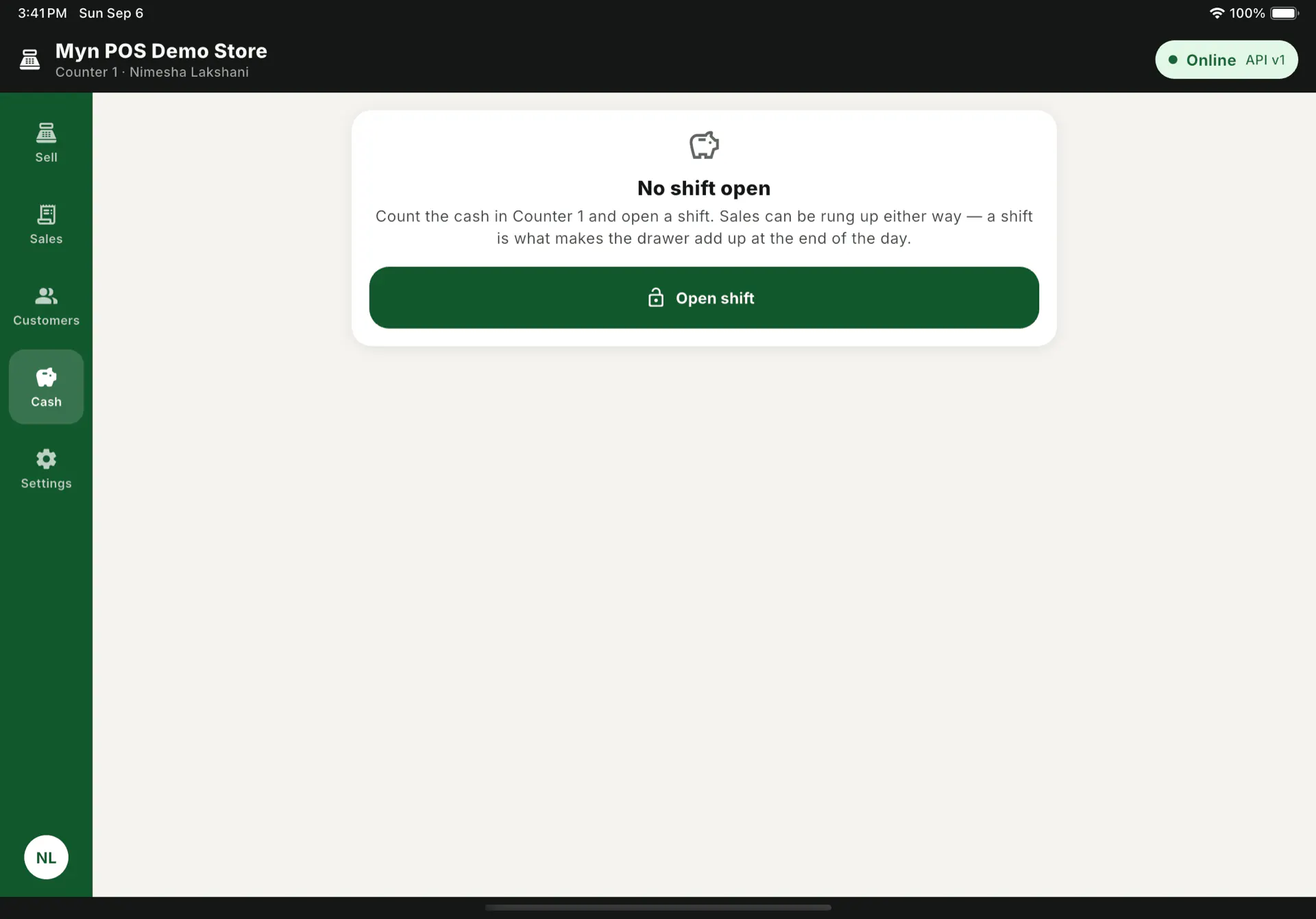 The Cash screen showing No shift open, explaining that a shift is what makes the drawer add up at the end of the day, with an Open shift button.