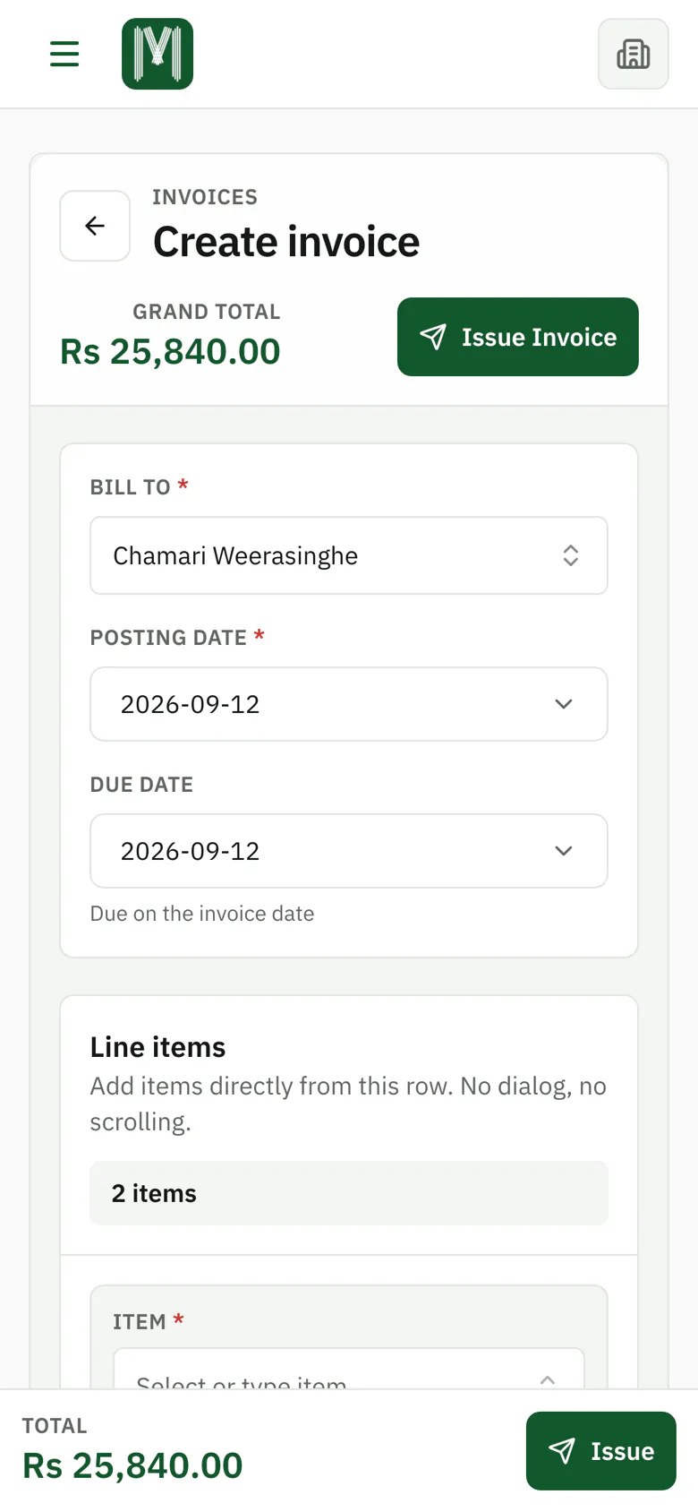 The MYN invoice screen with a customer selected and two items added, totalling Rs 25,840