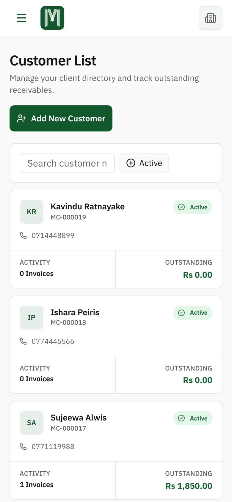 The MYN customer list showing names, phone numbers and the balance each customer owes