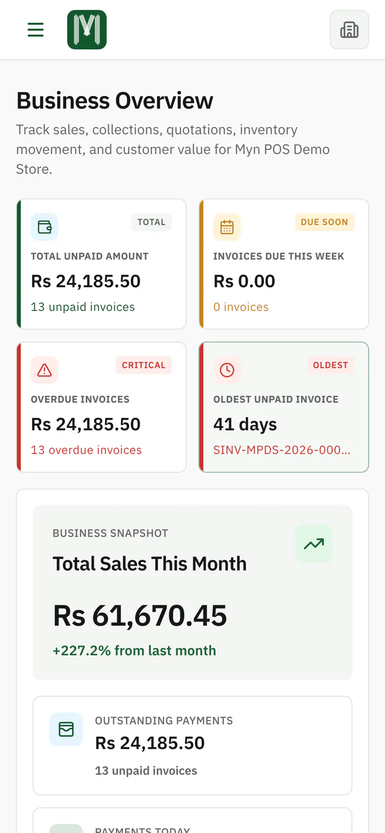 The MYN dashboard showing total unpaid amount, sales this month and top selling items